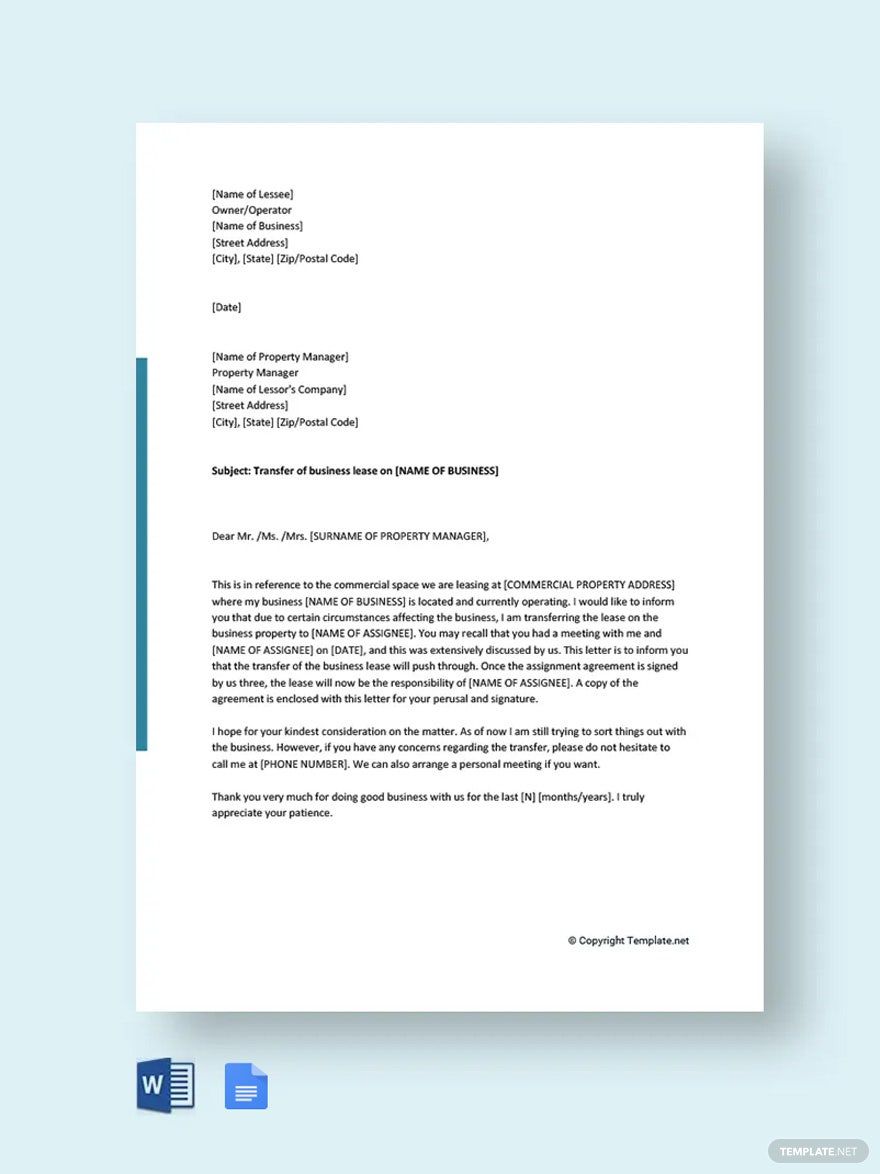 Business Lease Transfer Letter Template in Word, Google Docs, PDF, Apple Pages