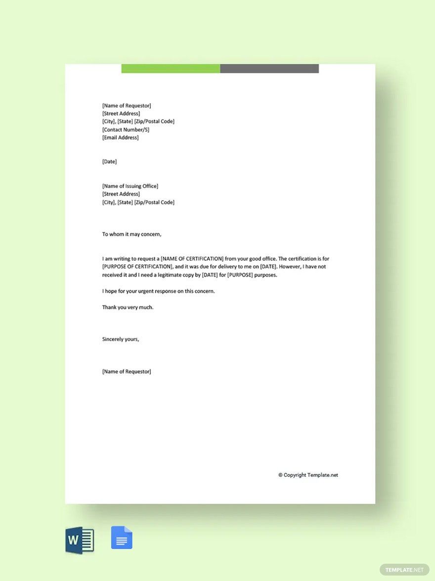 Certification Request Letter Template in Word, Google Docs, PDF, Apple Pages