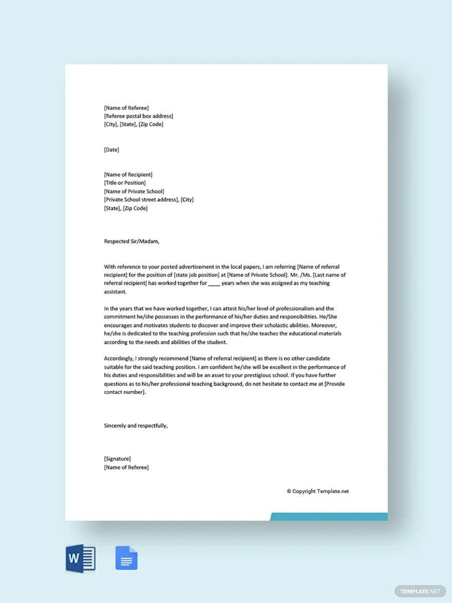 Family Reference Letter for Private School Template