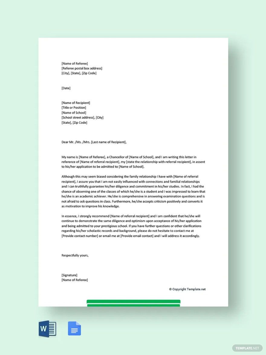 Family Reference Letter for School Application Template