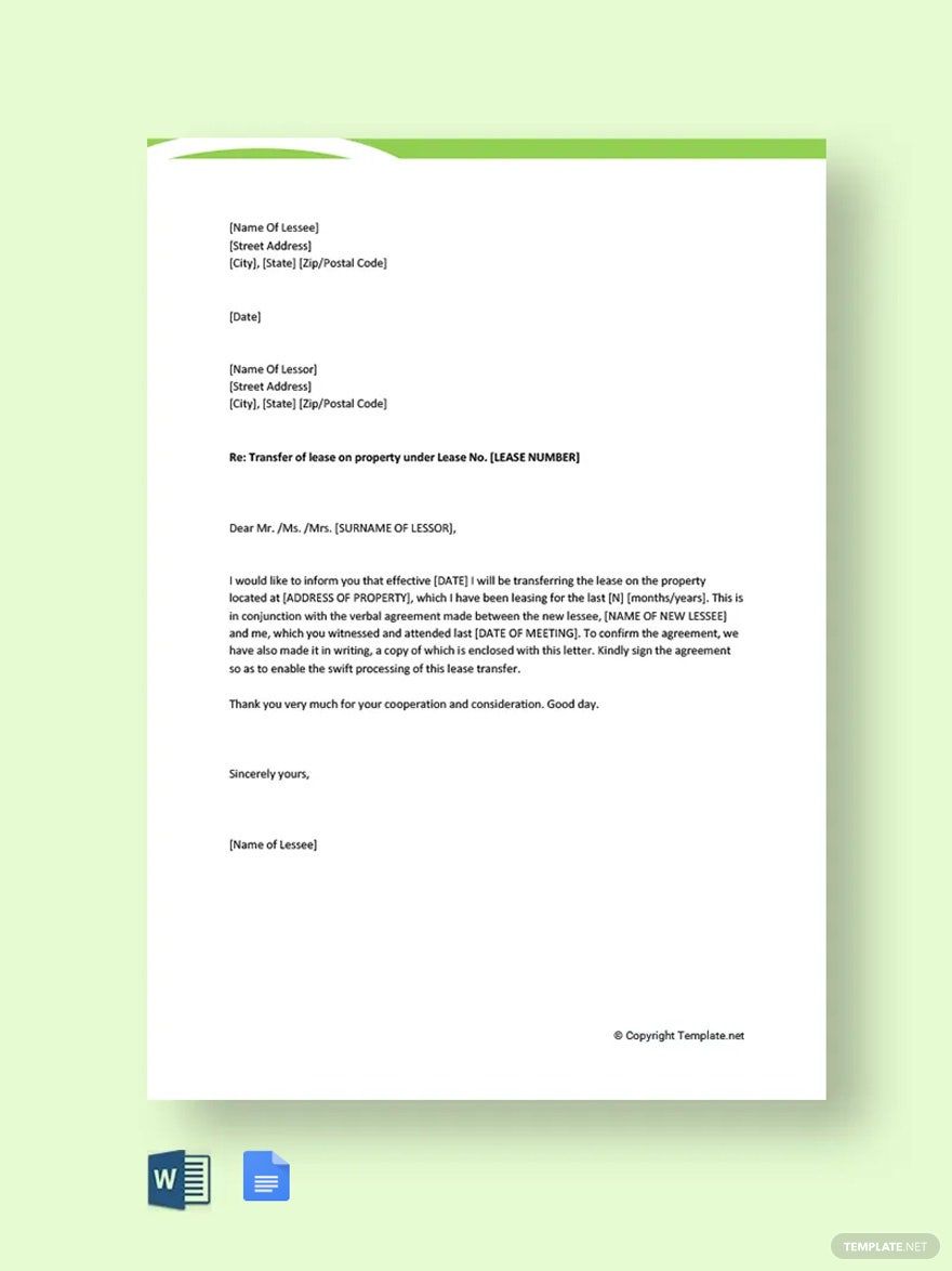 Lease Transfer Letter Template in Word, Google Docs, Pages, PDF - Download | Template.net