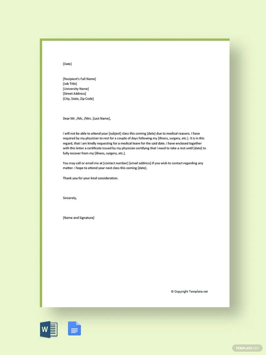 Free Medical Leave Letter for College Template