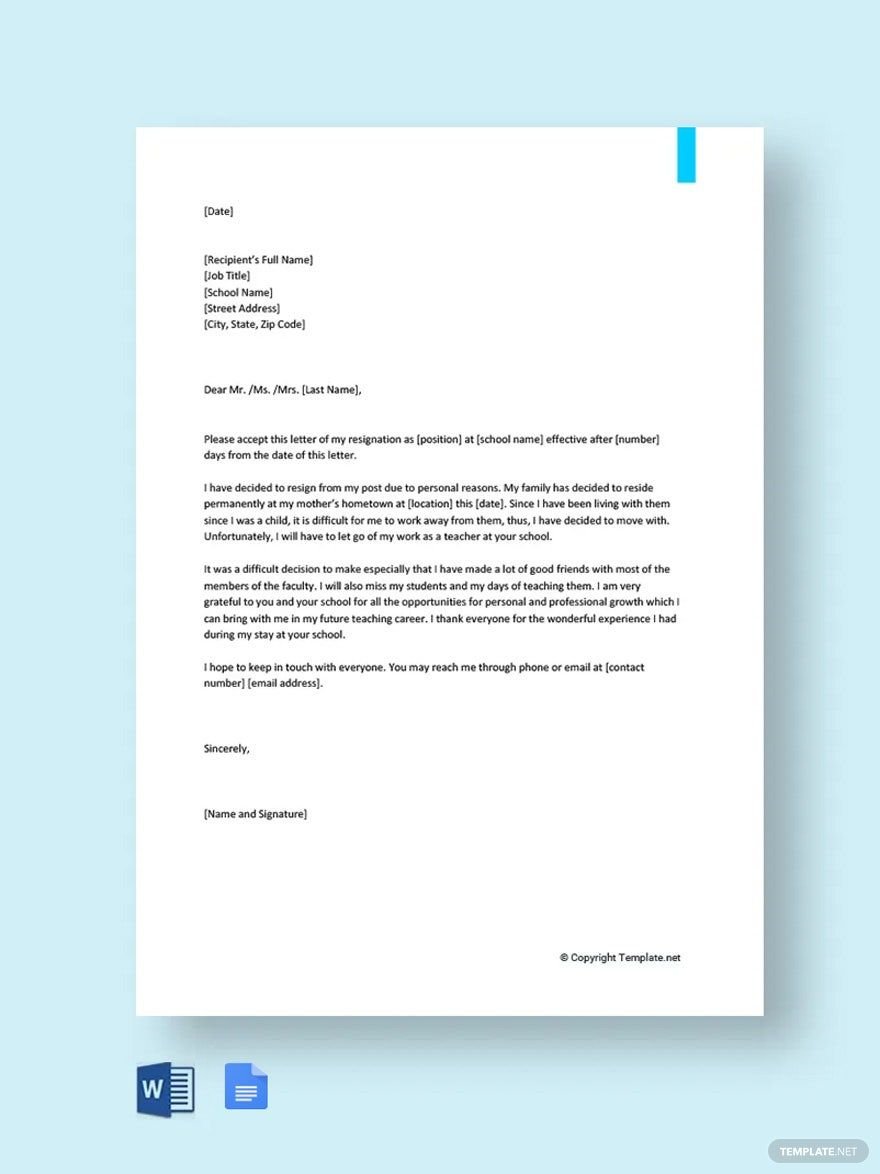 Free Teacher Resignation Letter for Personal Reasons Template