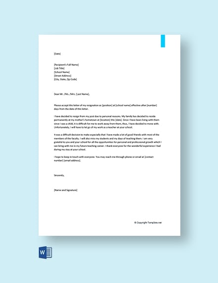Free Teacher Resignation Letter For Personal Reasons Template Word Template Net