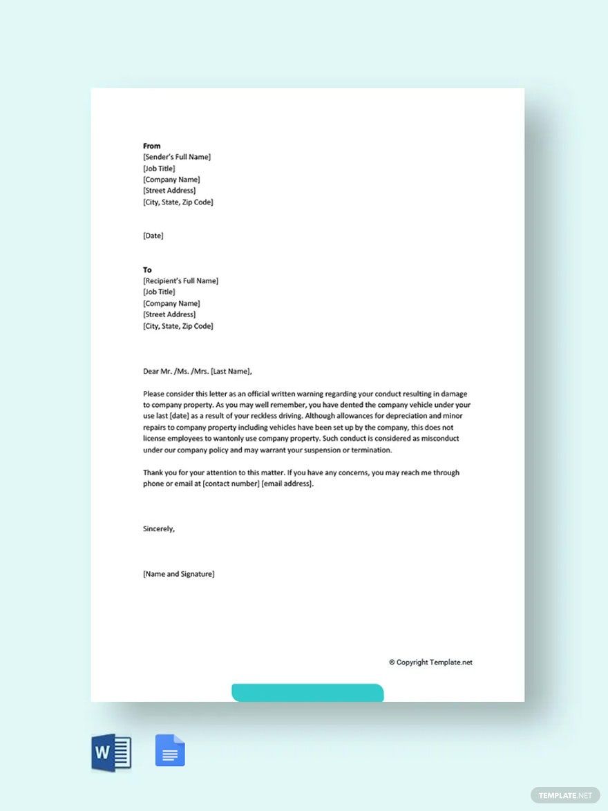 Warning Letter for Damaging Company Vehicle Template