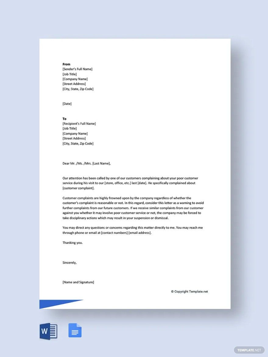 Free Warning Letter to Employee for Customer Complaint Template
