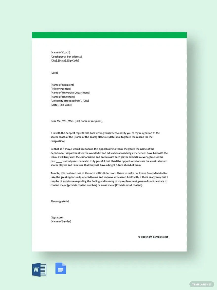 Sample Coach Resignation Letter Template in Word, Google Docs, PDF, Apple Pages