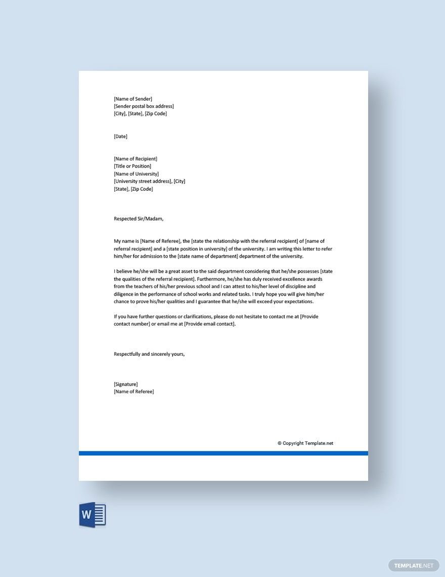 Free Family Reference Letter for School Template