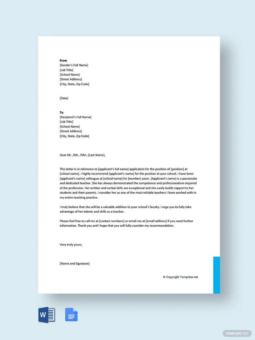 Recommendation Letter for Colleague Teacher Template in Word, Google Docs, PDF - Download | Template.net