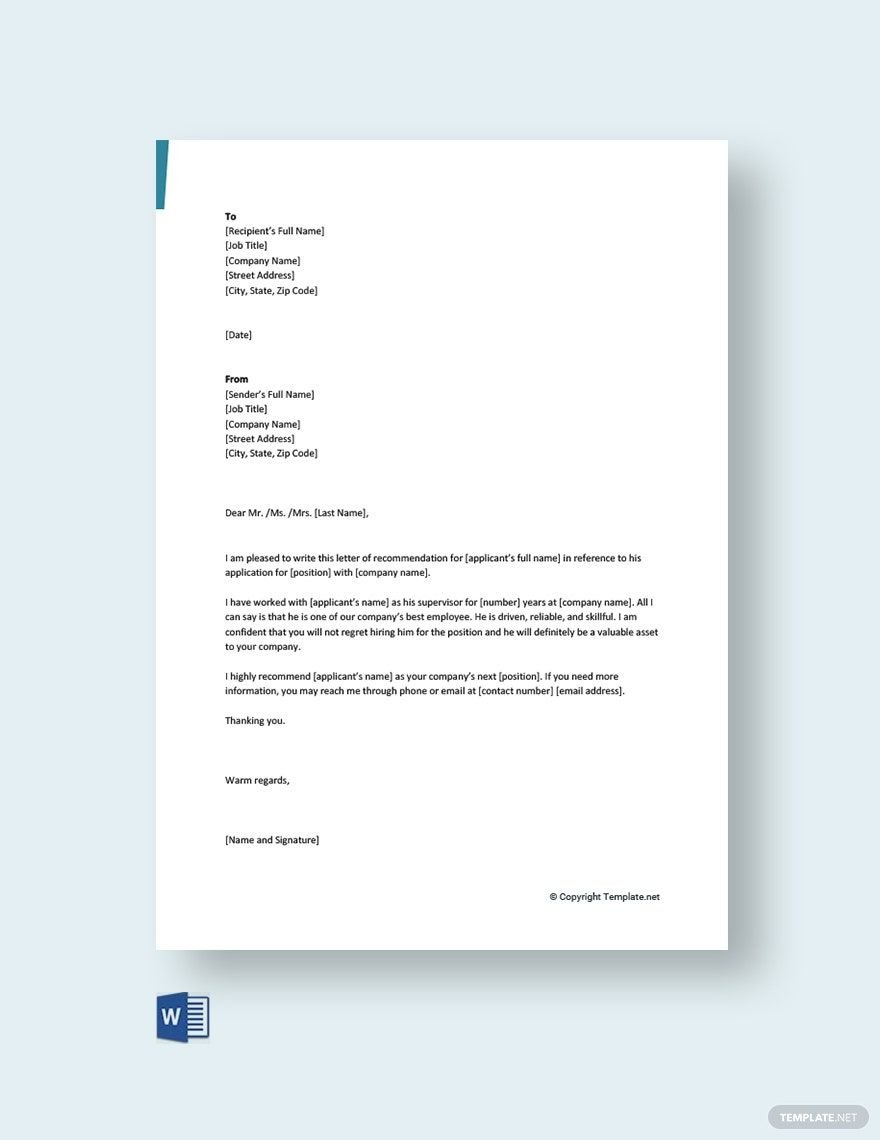 Short Recommendation Letter for Colleague Template