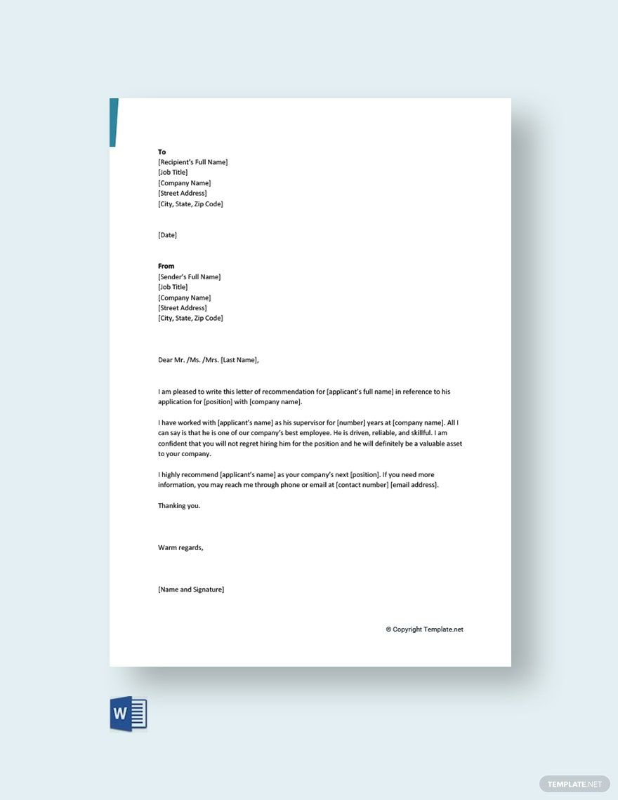 Short Recommendation Letter for Colleague Template in Word, Google Docs, PDF - Download | Template.net