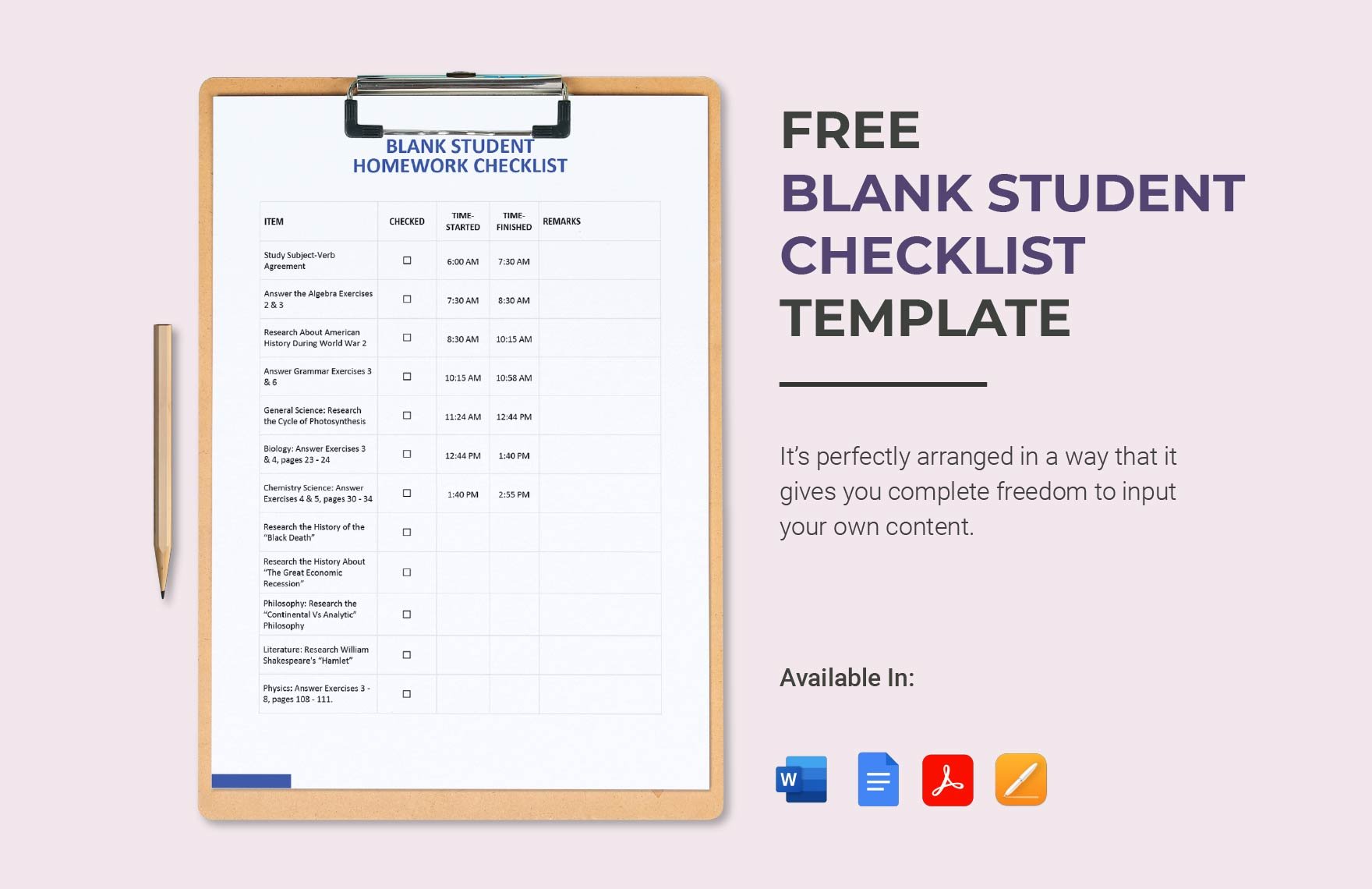 Blank Student Checklist Template
