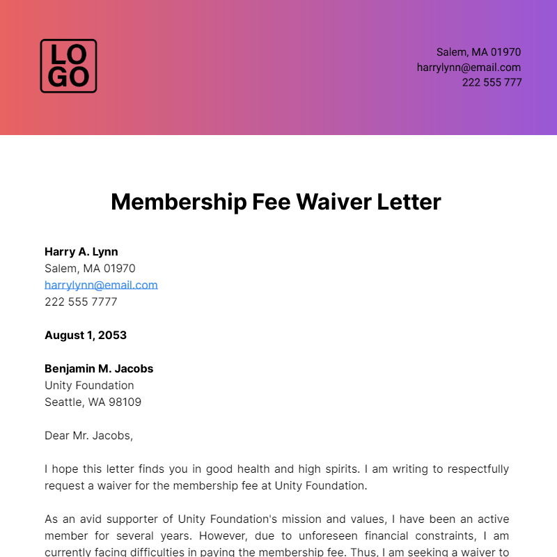 Free Membership Fee Waiver Letter Template