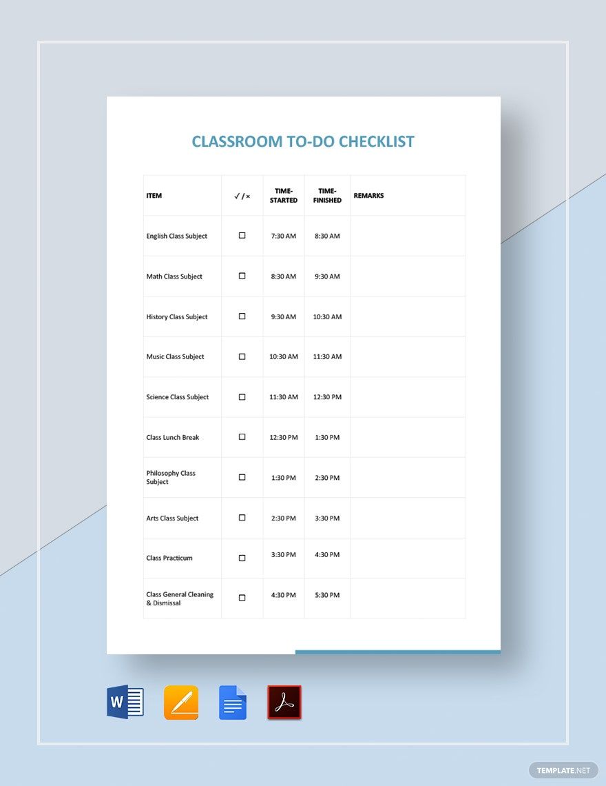 Classroom Checklist Template
