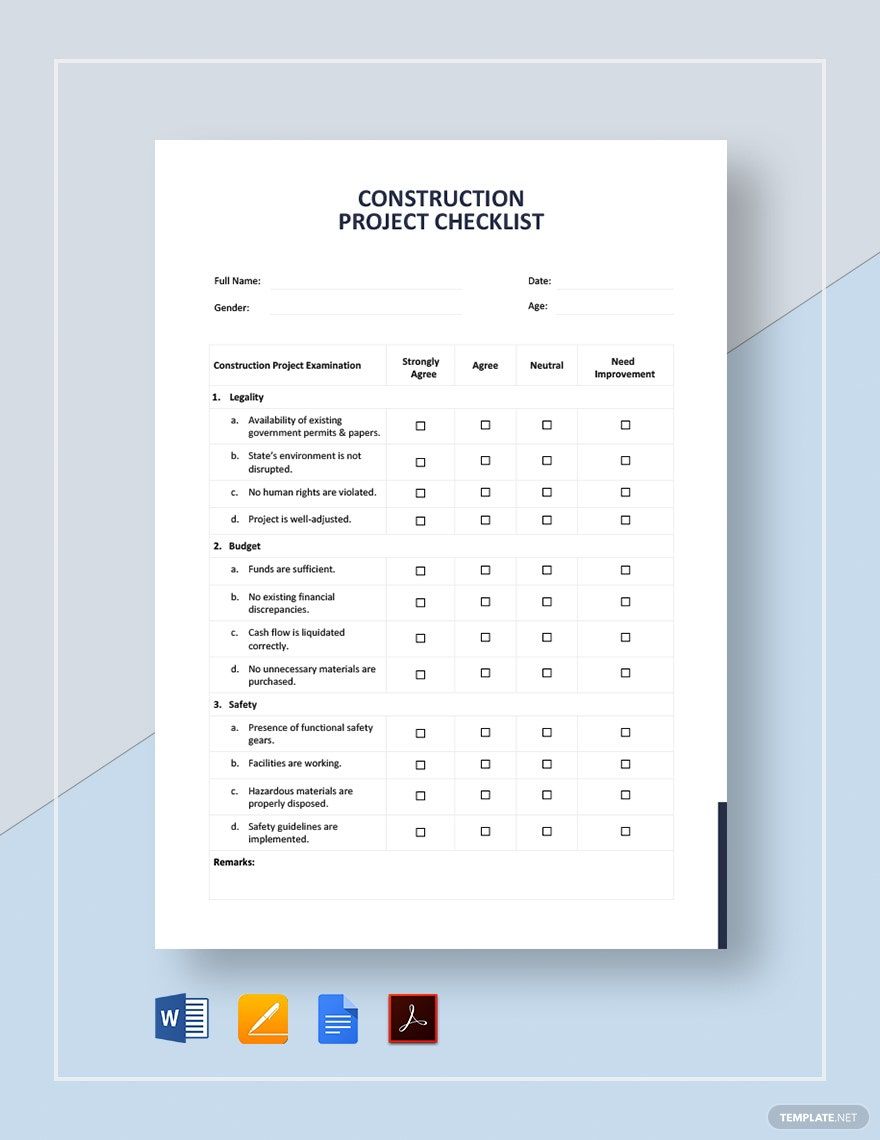 Construction Project Checklist Template in Word, Google Docs, PDF, Apple Pages