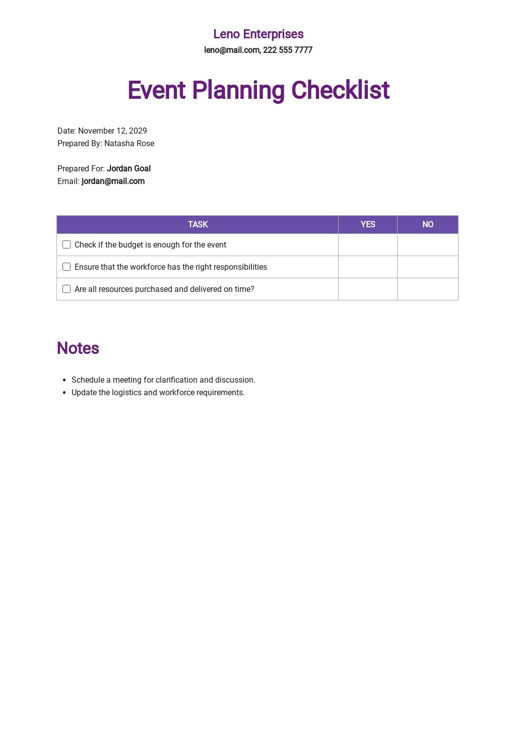 event planning management template
