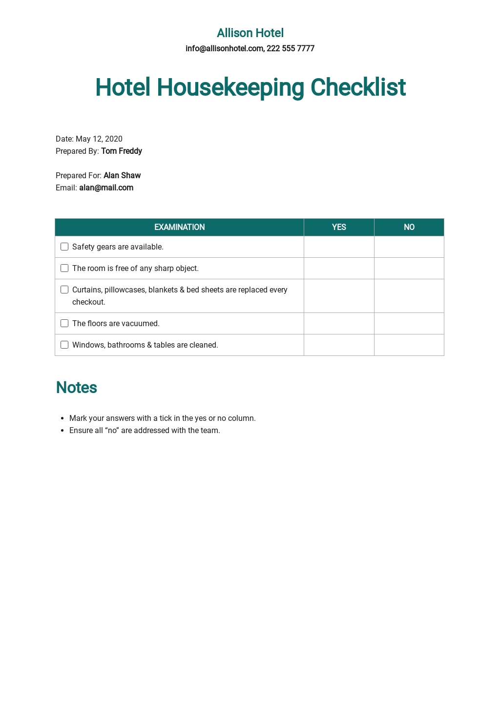 Hotel Housekeeping Checklist Template - Google Docs, Word, Apple Pages, PDF