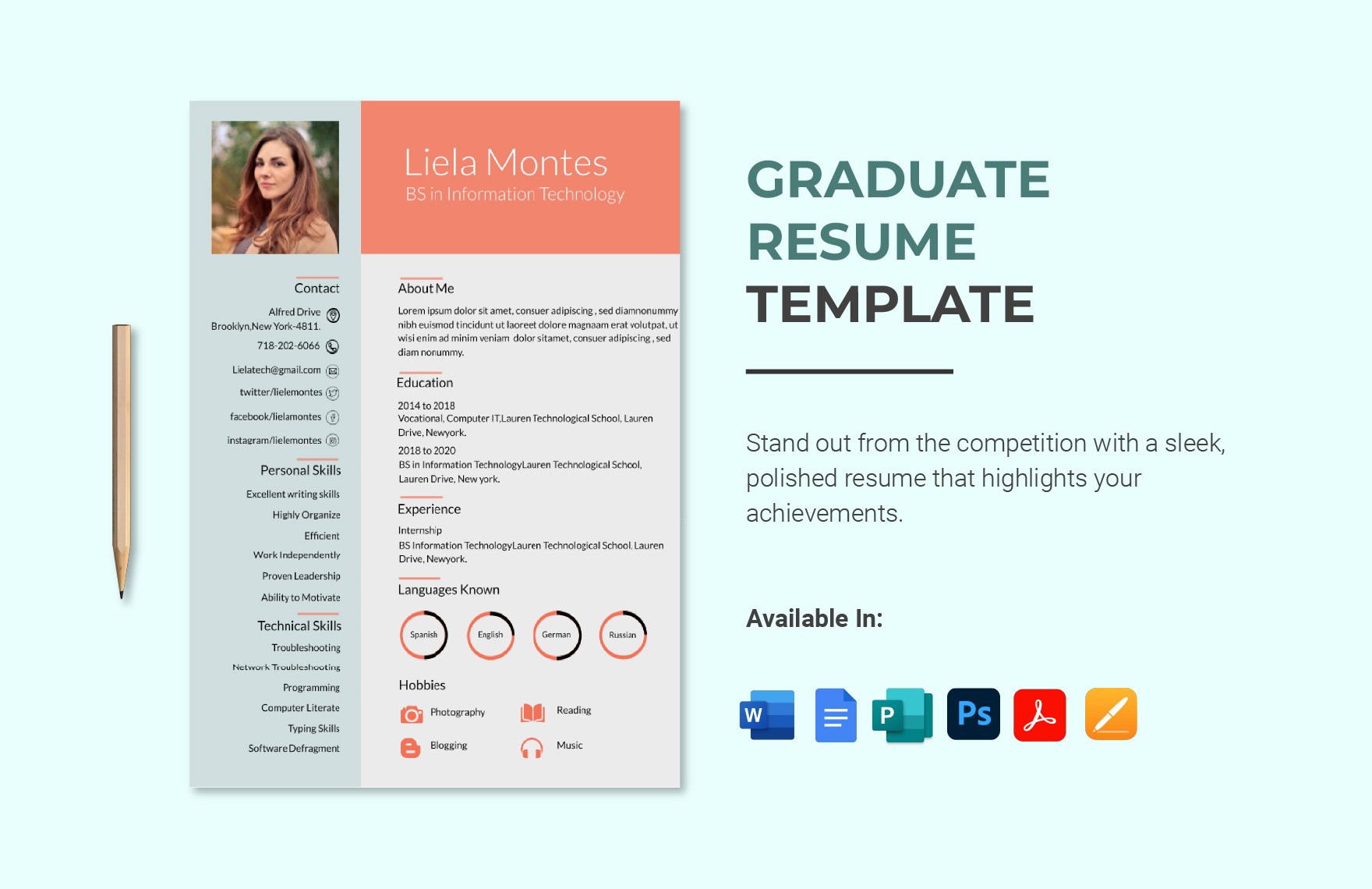 Graduate Resume in Word, Google Docs, PDF, PSD, Apple Pages, Publisher