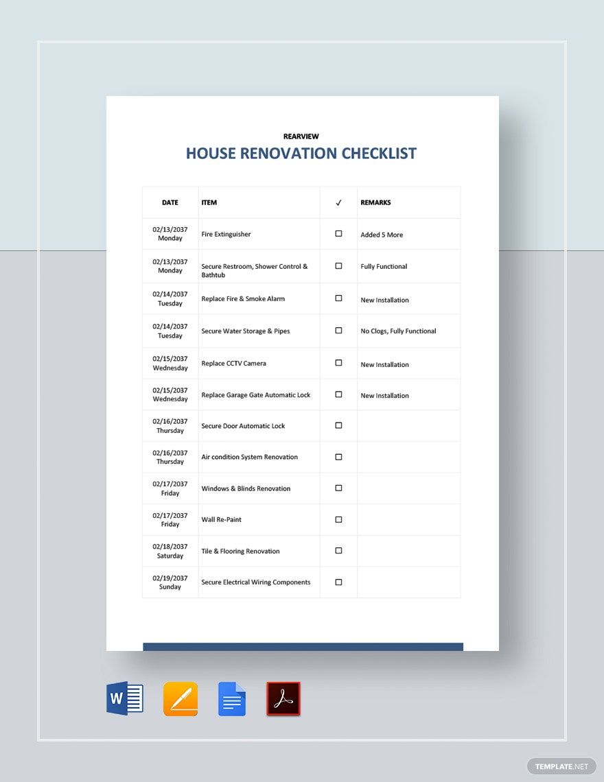 House Renovation Checklist Template in Word, Google Docs, PDF, Apple Pages