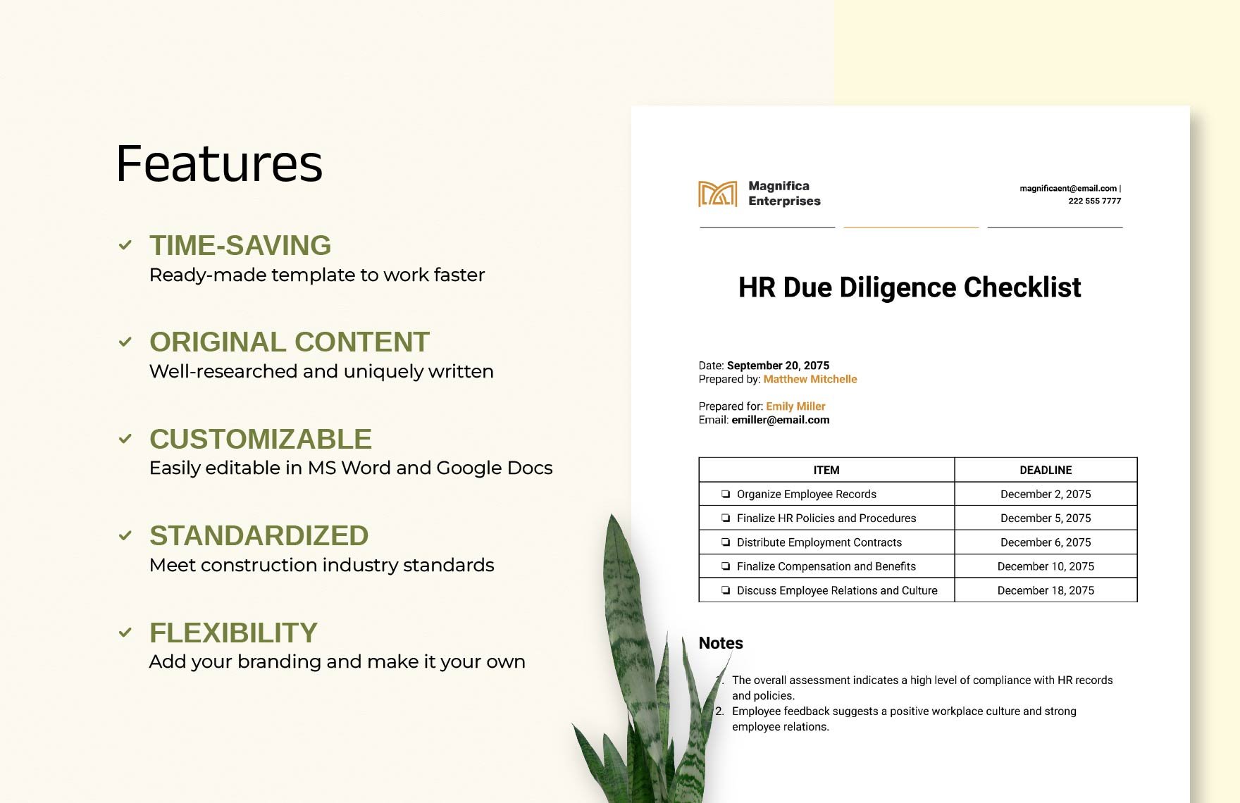 HR Due Diligence Checklist Template