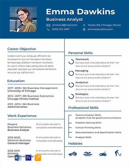 Basic Analyst Resume Template - Word, Apple Pages, PSD