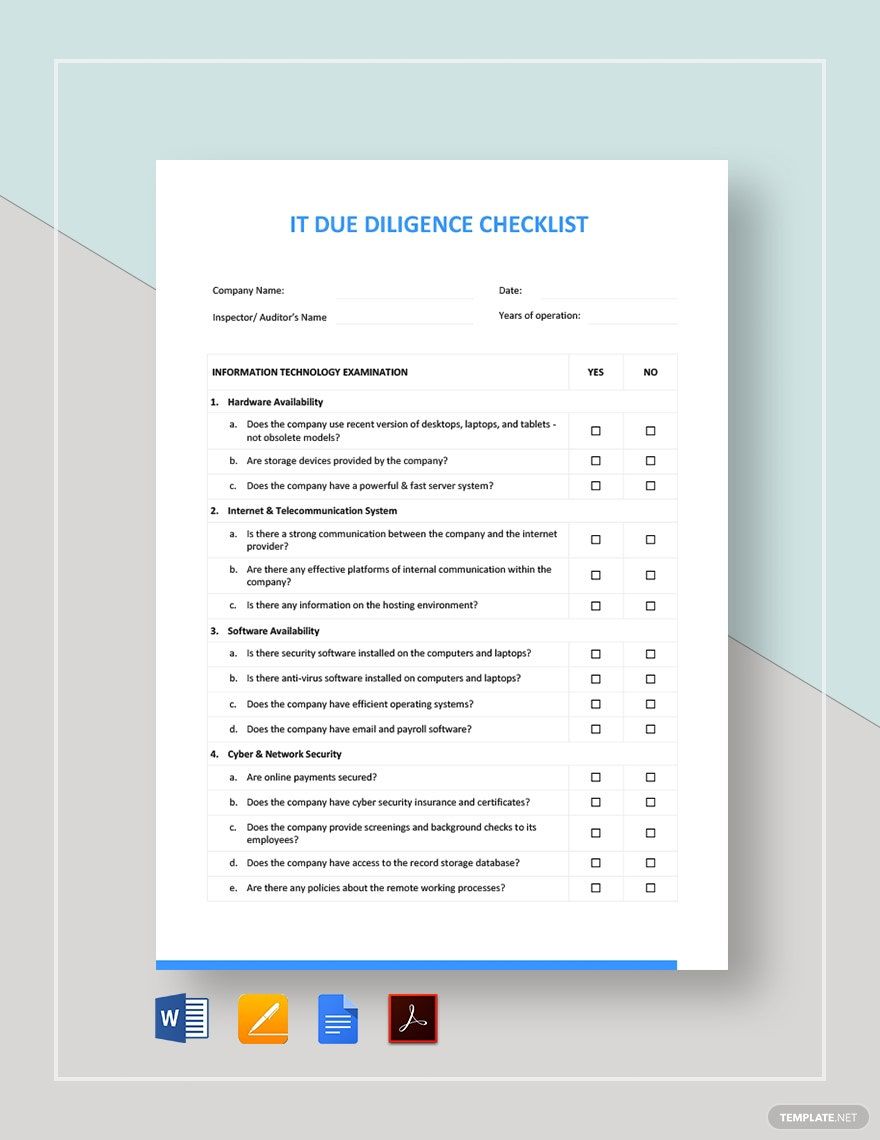 IT Due Diligence Checklist Template in Word, Google Docs, PDF, Apple Pages