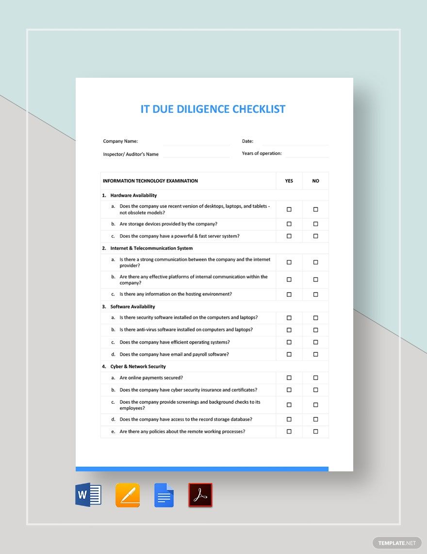 IT Due Diligence Checklist Template in Word, Pages, PDF, Google Docs - Download | Template.net