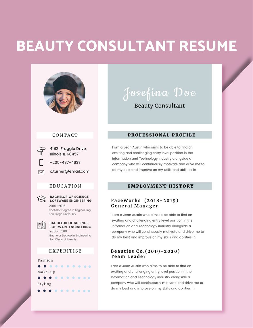 Beauty Consultant Resume in Word, PSD, Apple Pages, Publisher