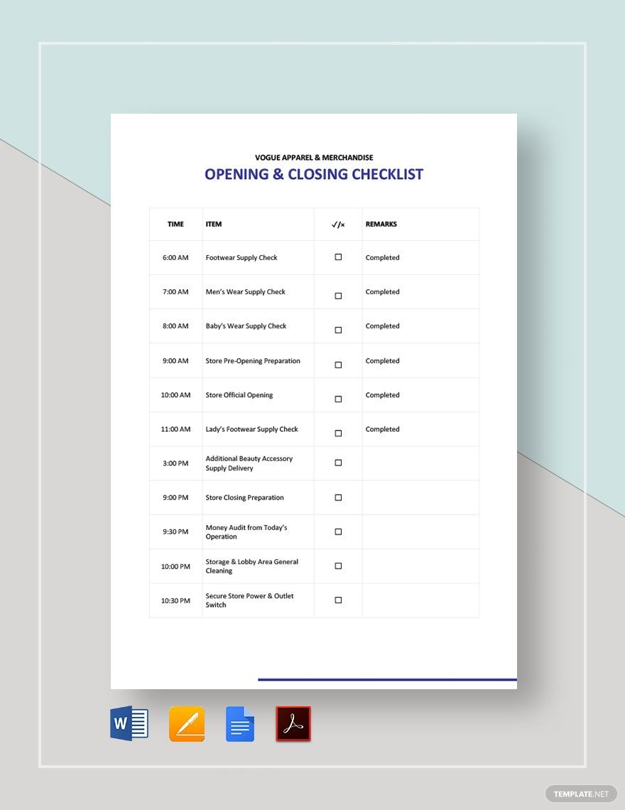 Opening Checklist Template