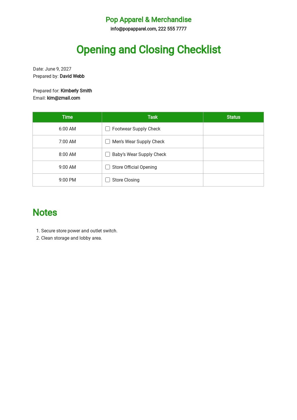 Opening and Closing Checklist Template Free PDF Google Docs Word