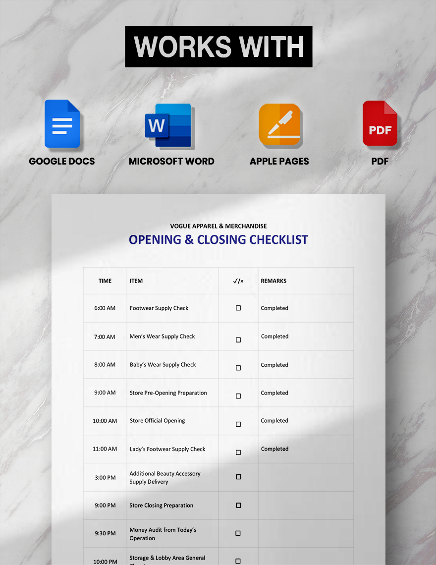 Opening and Closing Checklist Template Google Docs, Word, Apple Pages