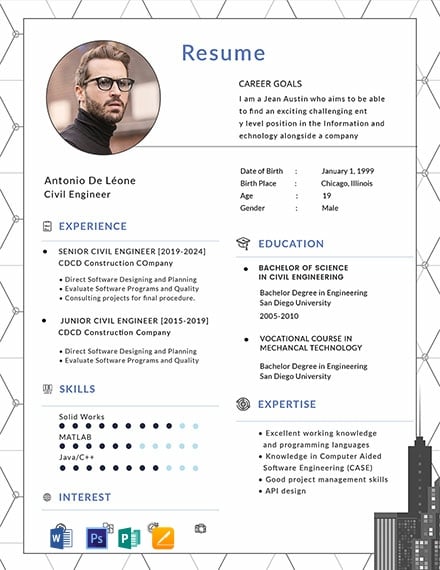 Sample Civil Engineer Resume Template - Word, Apple Pages, PSD, Publisher