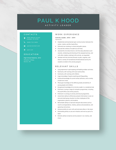Activity Leader Resume Template