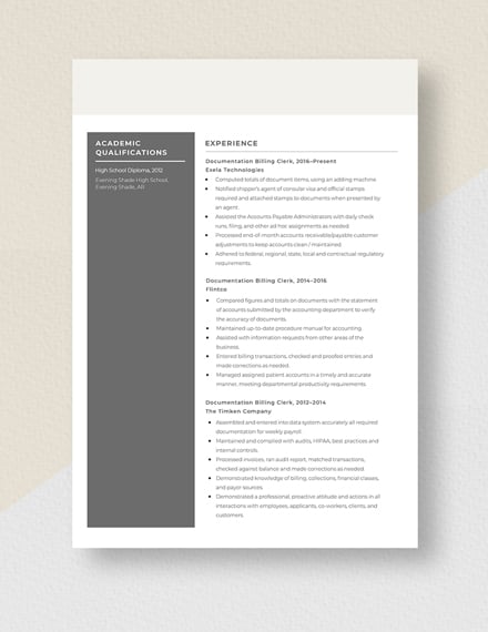 Documentation Billing Clerk Resume Template