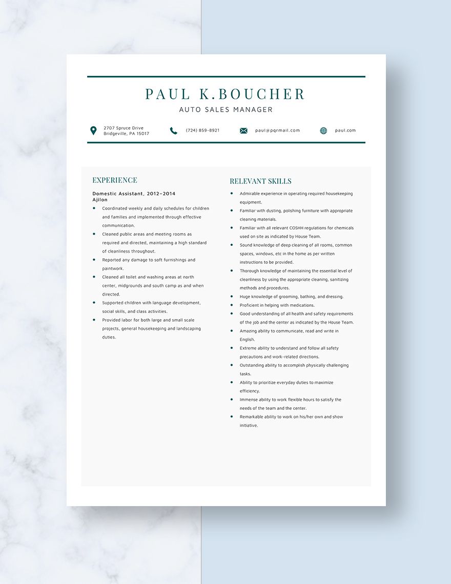 Domestic Assistant Resume