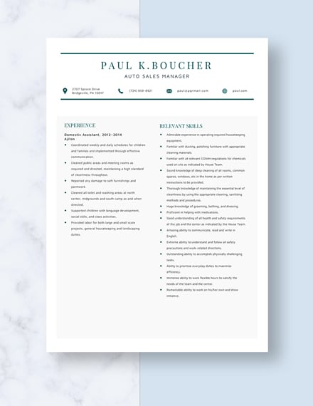 Domestic Assistant Resume Template