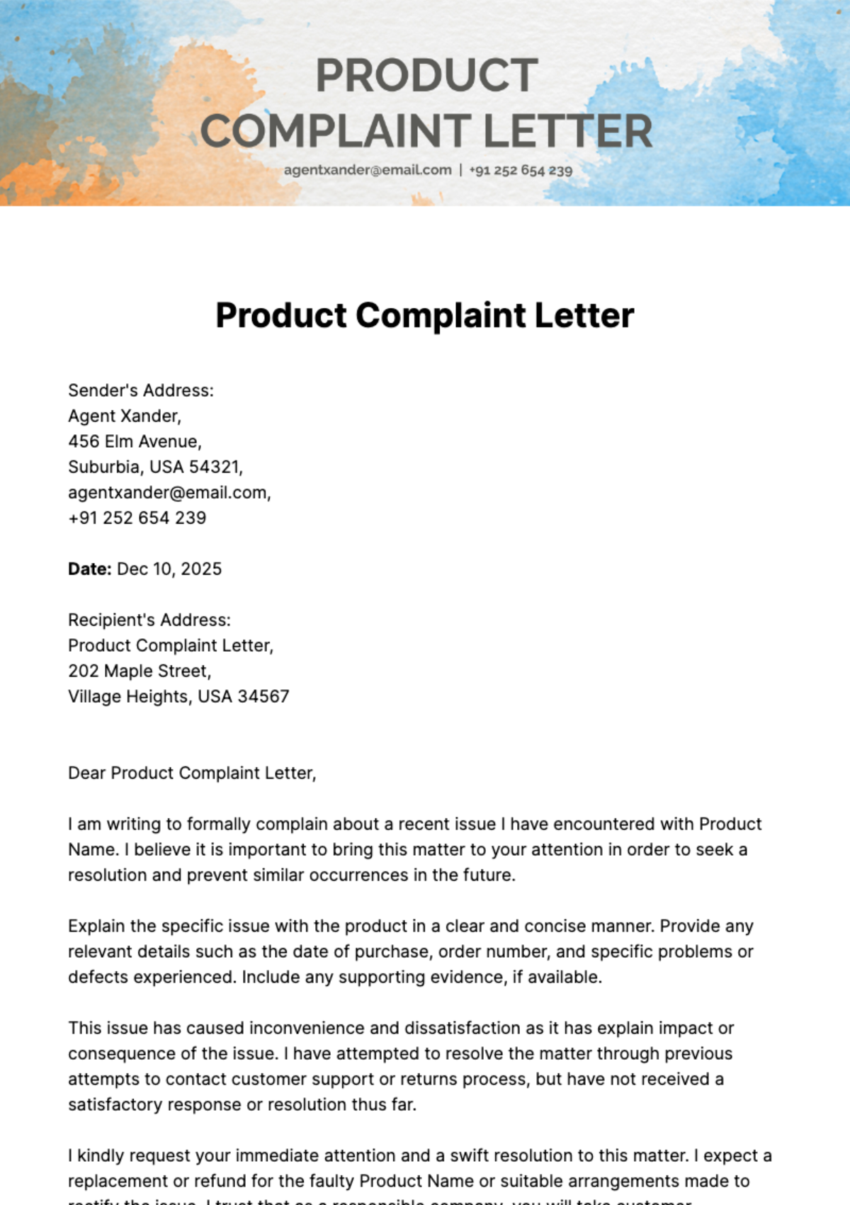 Free Product Complaint Letter Template