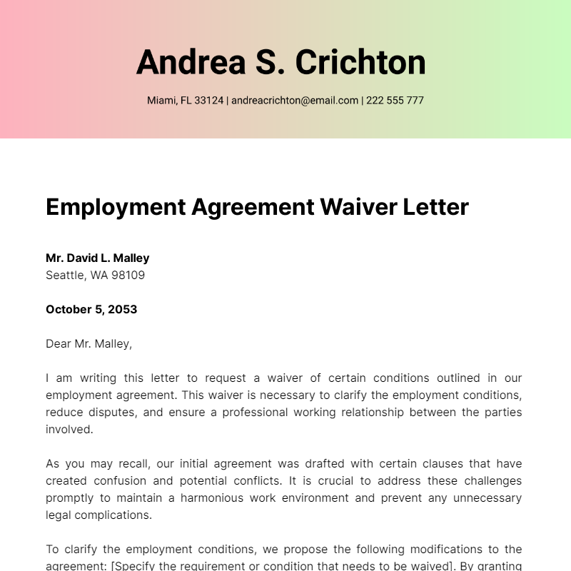 Employment Agreement Waiver Letter Template