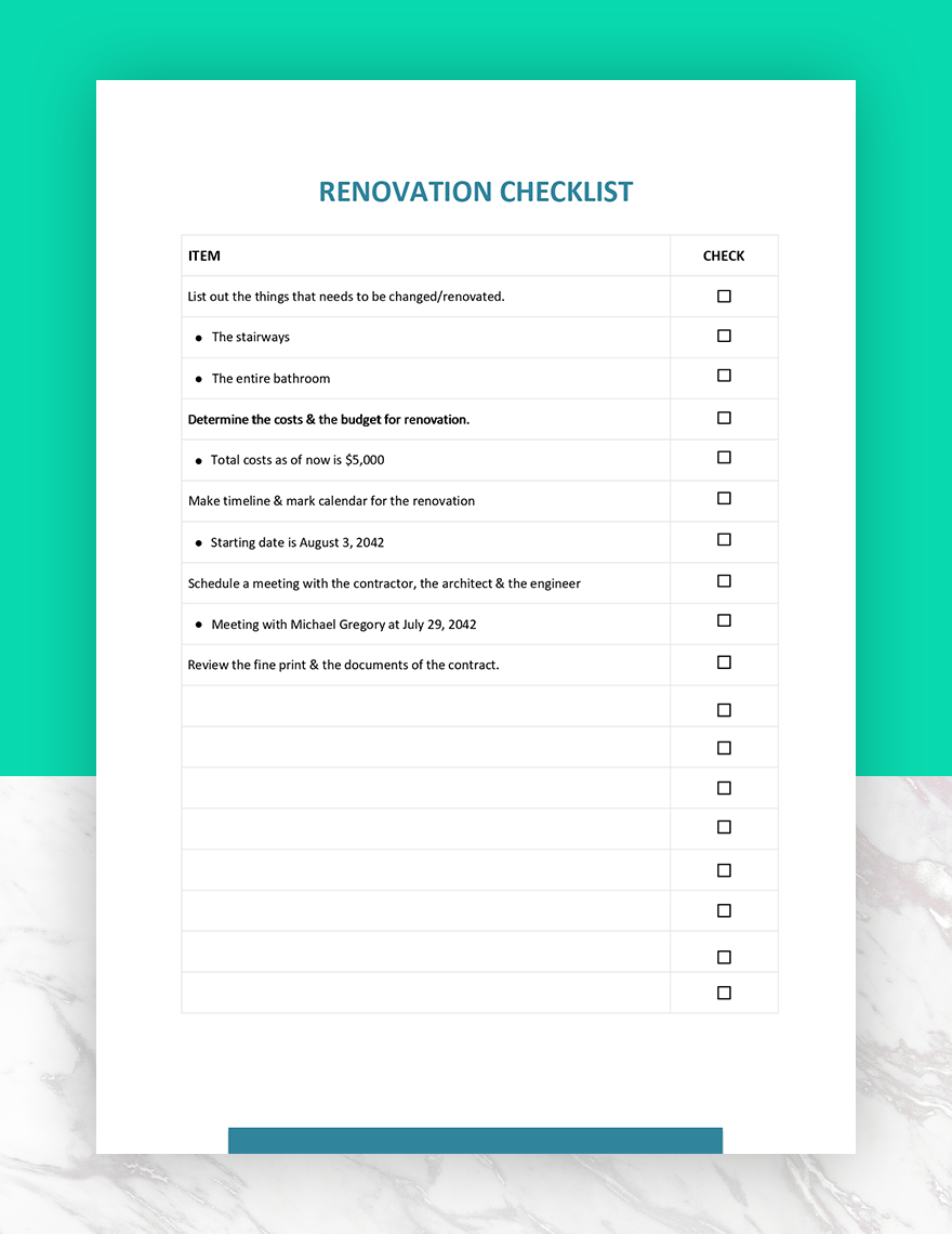 Renovation Checklist Template Google Docs, Word, Apple Pages, PDF