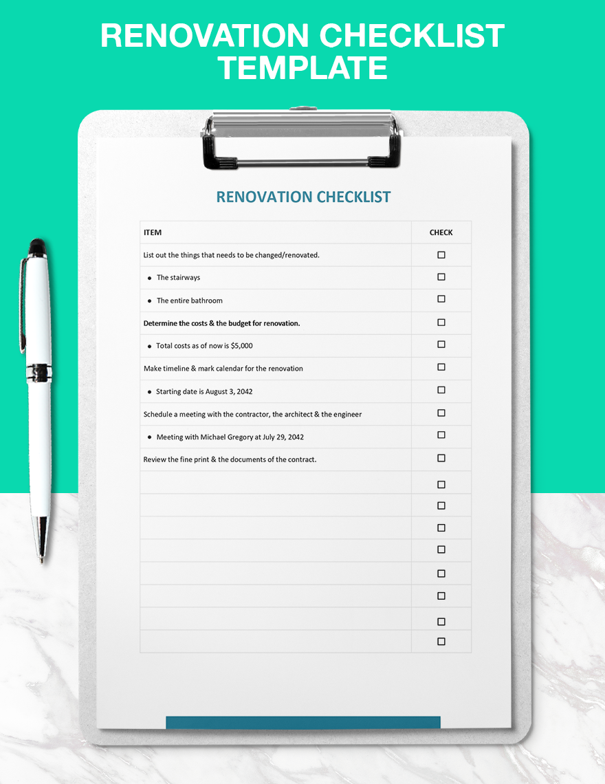 Renovation Checklist Template Google Docs, Word, Apple Pages, PDF