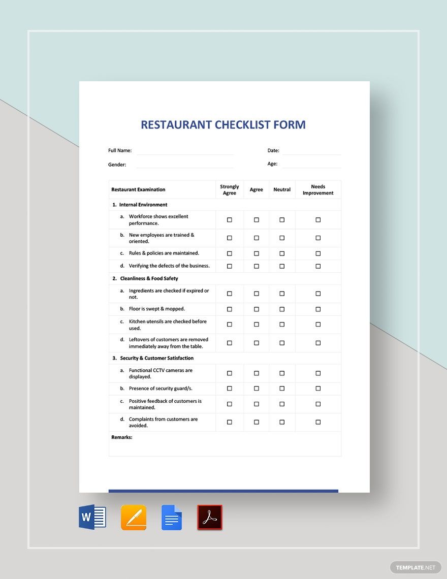 Restaurant Checklist Form Template