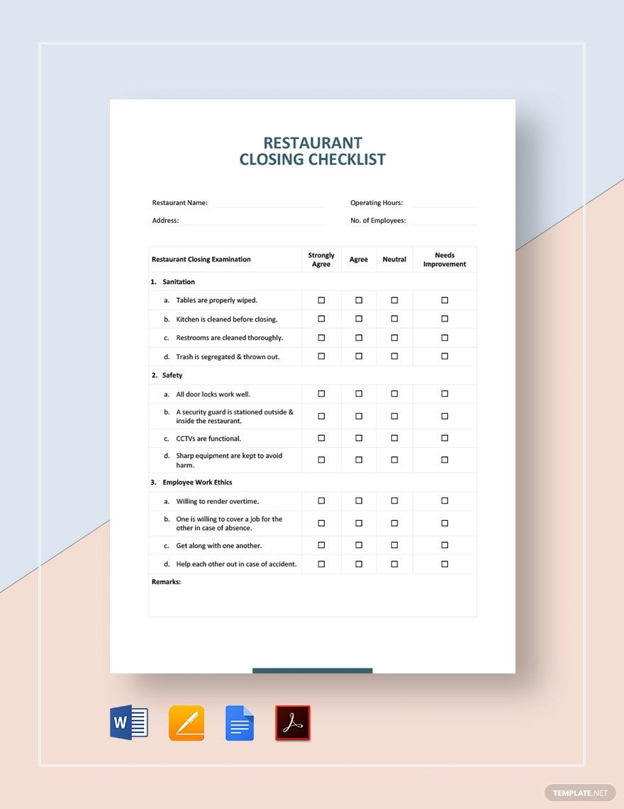 Restaurant Closing Checklist Template