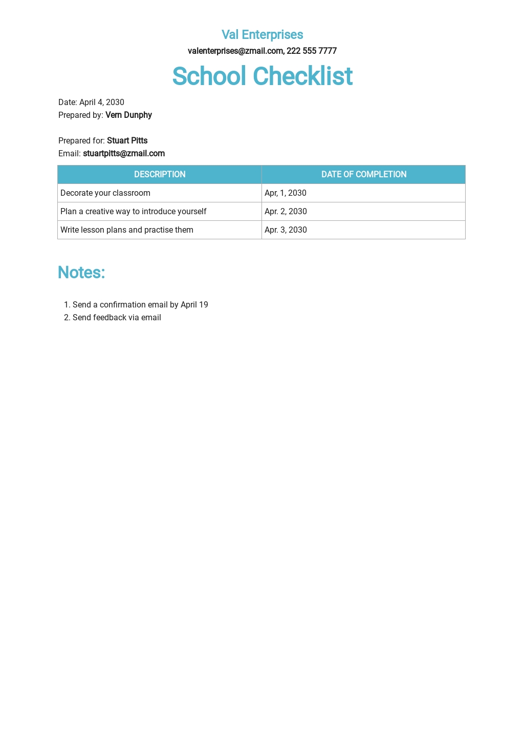 School Checklist Template