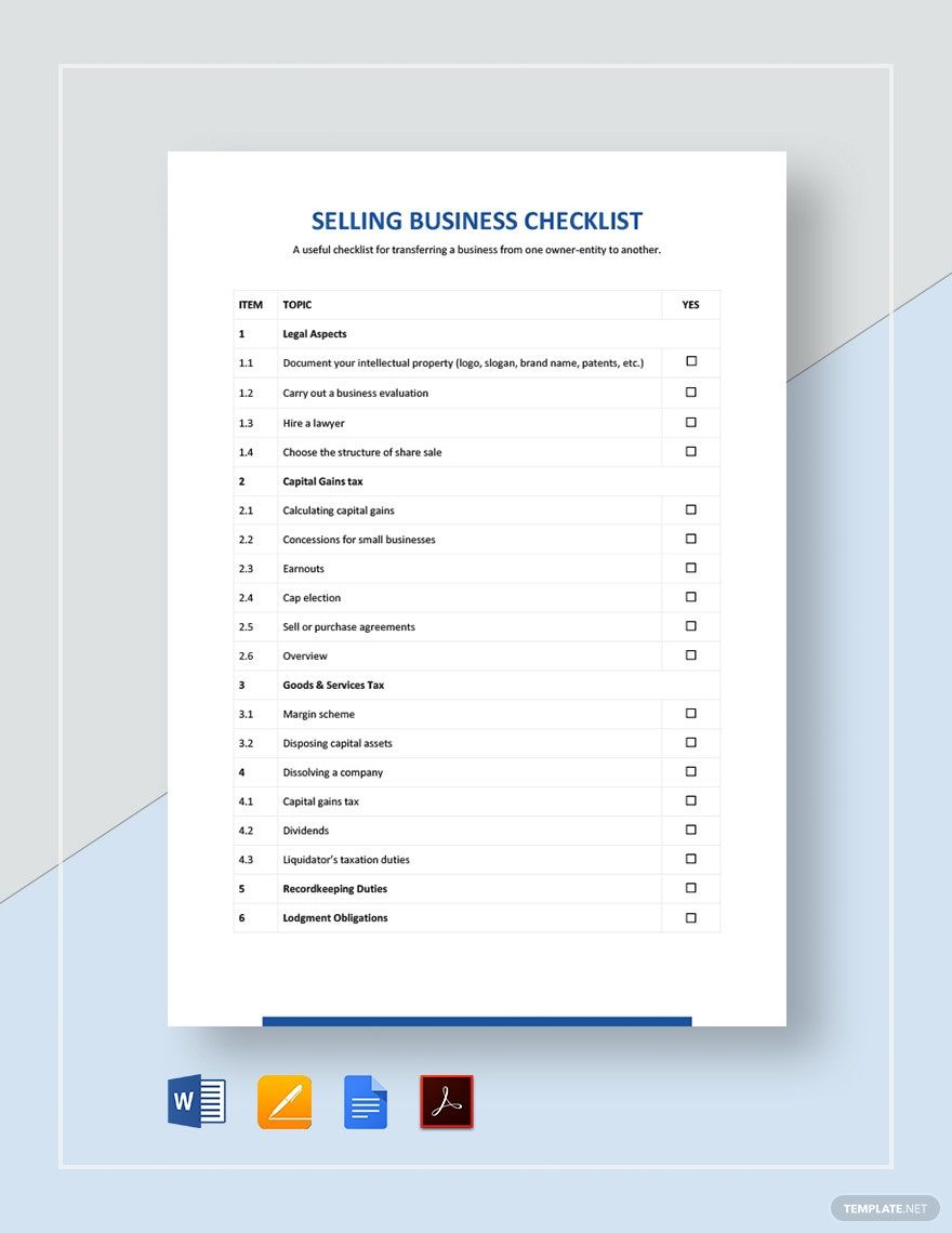 Selling Business Checklist Template in Word, Google Docs, PDF, Apple Pages