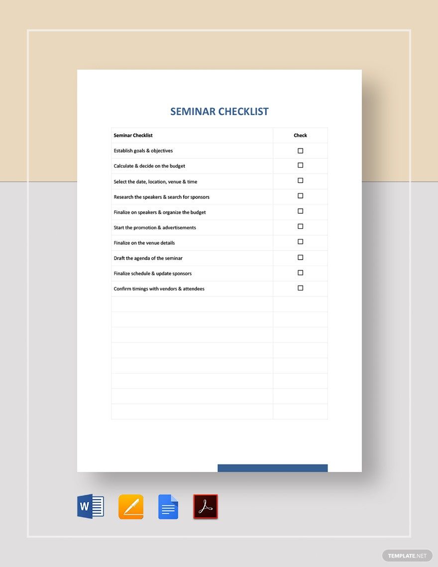 Seminar Checklist Template in Word, Google Docs, PDF, Apple Pages