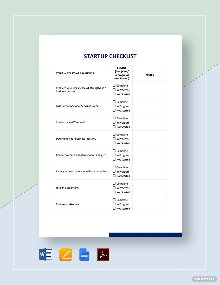 Start Up Checklist Template in Word, Google Docs, PDF, Apple Pages