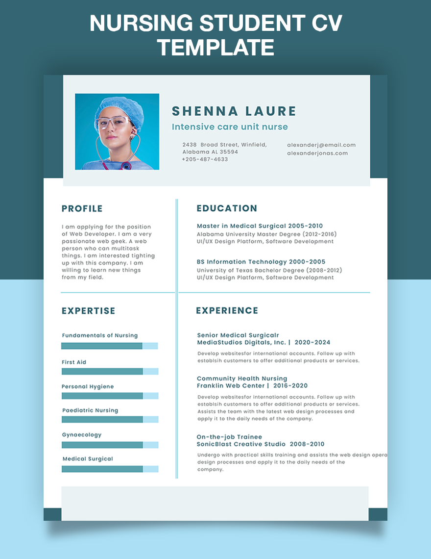 Free Nursing Student CV Template in Word, PSD, Apple Pages, Publisher