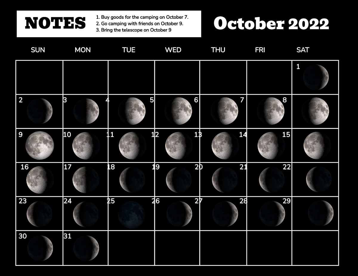 October 2022 Calendar With Moon Phases Template