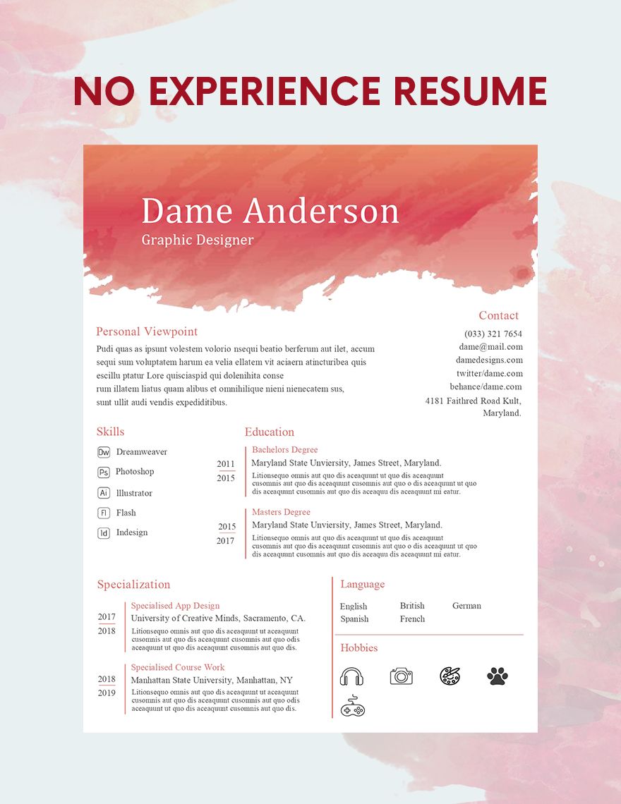 No Experience Resume in Word, PSD, Apple Pages, Publisher
