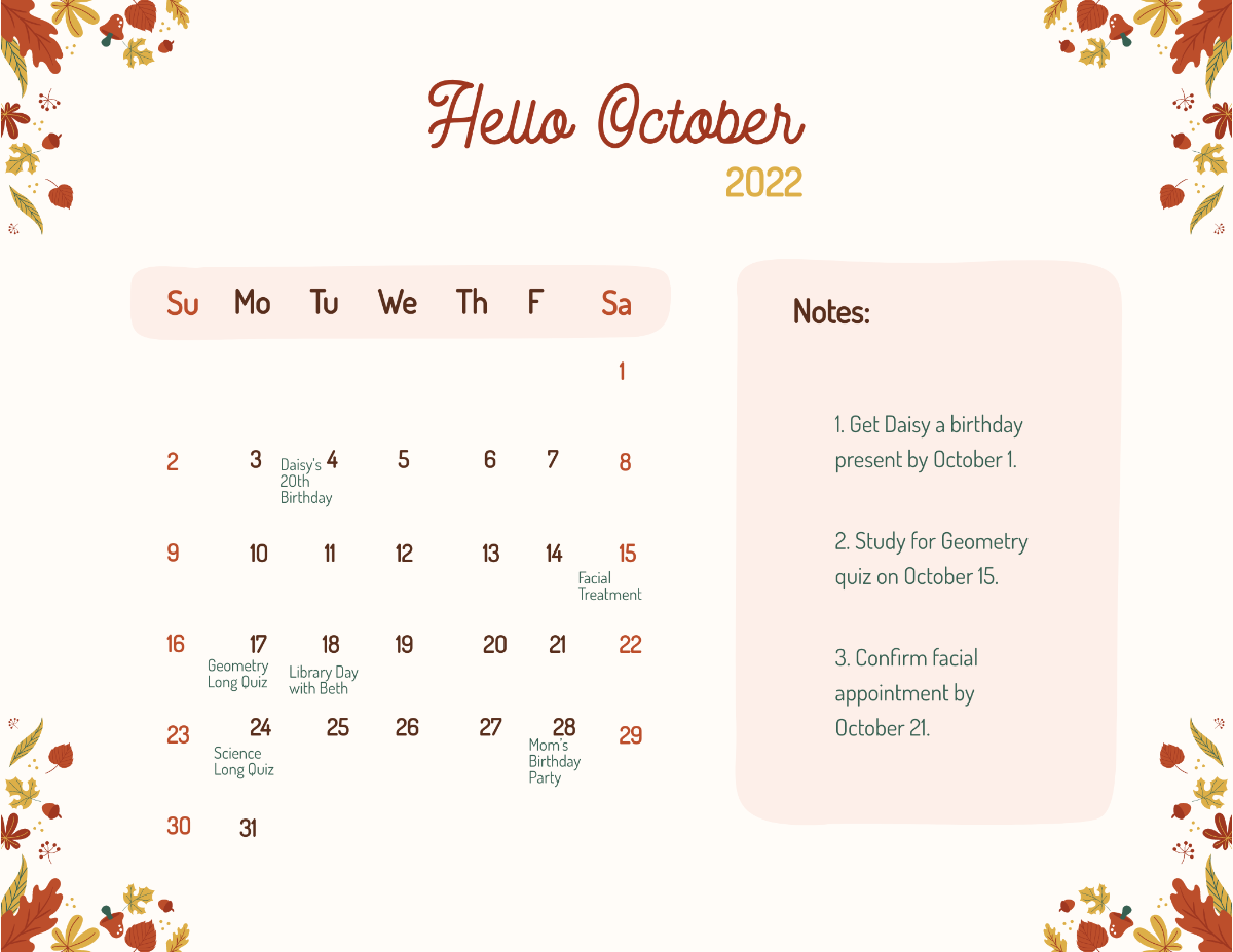 Free Cute October 2022 Calendar Template
